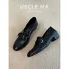 Versão em Pele de Ovelha~Mocassins Retrô com Salto Grosso para Mulheres 2025 Novo Estilo Sapatos de Couro Elegantes Versáteis para Calçar