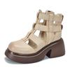 [Precio del Evento 128] Sandalias de Caña Alta con Punta Redonda, Zapatos Romanos de Verano con Cortes y Tacón Grueso, Zapatos Versátiles Retro para Mujer
