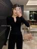 Dai Jiawen Estilo Coreano Nuevo Camiseta Base de Punto Acanalado con Cuello Medio Abierto para Mujer, Top Interior de Manga Larga y Corte Ajustado para Mujer