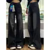 Jeans preto e cinza levemente flare plus size para mulheres, novo estilo 2026, calça larga de cintura alta solta que cobre os quadris