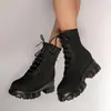 Novos Sapatos Europeus e Americanos Femininos para Outono e Inverno, Botas Curtas com Bico Redondo e Sola Grossa, Superfície em Malha Fly, Cadarços Porosos, Botas, Casual, Versátil e com Efeito Emagrecedor