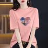 2026 Nuevo Verano Versátil Elegante Algodón Puro Manga Corta Holgado Talla Grande Gama Alta Cuello Redondo Estampado de Corazón Manga Media Top