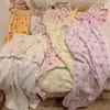 Camisola de gasa de algodón de doble capa con estampado de dibujos animados para mujer con copas en el pecho, tirantes ajustables, vestido casero de corte holgado