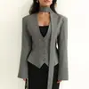 Ropa exterior nueva de otoño 2026 para mujer, transfronteriza europea y americana: traje de oficina elegante, moderno, de corte ajustado, escote en V, entallado a la cintura, color liso
