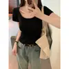 Agita una generación de verano hombro U cuello clavícula pequeño corto delgado capa base camiseta manga corta mujer