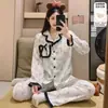 Renda de Borboleta Verde Cinza Outono Novo Algodão Nuvem com Bojos Pijama Feminino Manga Longa Calça Longa Solto Roupa de Casa