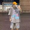 Terno Casual Waffle Masculino Verão Estampado Desenho Animado Moderno Solto Manga Curta Shorts Esportivos com Conjunto de Duas Peças