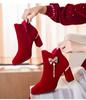 Novos Sapatos de Casamento para Mulheres 2025, Sapatos de Noiva com Salto Grosso, Botas, Vestido de Noiva Traje Xiuhe Vermelho, Botas Curtas de Salto Médio e Alto de Uso Duplo