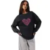 Camiseta Estilosa Personalizada com Estampa de Leopardo e Coração, Manga Longa, Algodão Puro, Lavada, Preta Desgastada, Estilo Retrô Americano, Top para Mulheres
