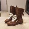 Botas Martin para Mujer 2026 Nuevo Estilo Coreano Nicho Punta Redonda Con Cordones Bota de Media Caña Diseño de Nicho Botas de Boxeo Marrón Retro