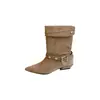 Botines de Moda Francesa Elegantes para Otoño/Invierno 2026, Punta Fina, Tacón Grueso Bajo, Hebilla de Cuero con Remache