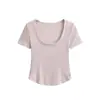 Top de Tencel con Cuello en U Grande, Mangas Cortas, Nuevo Estilo de Verano, Corte Ajustado, Longitud Corta, Cintura Alta, Dobladillo Curvo, Camiseta Básica