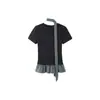 Camiseta de Manga Curta Patchwork Xadrez com Renda Mr [Rayon] para Mulheres Verão Slim Design de Ombro Direito Top Estilo Ballet