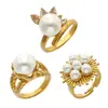 Joyería Estilo Europeo y Americano Concha Geométrica Perla Circonita Juego de Anillos Abiertos Ins Exagerado Accesorios para Manos de Celebridad de Internet para Mujeres Acero Inoxidable Oro de 18K