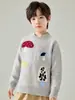 Suéter Grueso 100% Lana Pura para Niños con Cuello Semi Alto, Jersey de Punto Jacquard de Hongos para Niños y Niñas, Camiseta Base de Punto para Niños Mayores