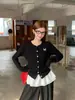 Chaqueta cárdigan azul suave y dulce para mujer, nuevo atuendo estilo coreano 2026 para principios de otoño, suéter con lazo, top de punto