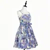 Suministro Exclusivo Transfronterizo de Vestido Corto de Verano Retro Estampado con Espalda Descubierta, Sin Mangas y Tirantes, Adelgazante con Lazos para Vacaciones