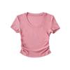 Moda francesa gola redonda pulôver curto top feminino cintura alta elástico apertado lateral plissado fio manga curta camiseta