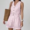 Conjunto Sencillo de Color Sólido sin Mangas con Cuello en V de Algodón y Lino Estilo Francés 2026 Nuevo Primavera/Verano Conjunto de Dos Piezas de Cintura Alta de Nicho Transfronterizo para Mujer