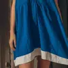 Vestido Halter de Verano 2026 Estilo Europeo y Americano con Escote en V Profundo para Mujer de Algodón y Lino de Color Contrastante Holgado para Vacaciones en la Playa Vestido Corto de Corte A