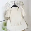 Suéter de renda vazada com cadarço e gola redonda de manga curta para o verão, camiseta slim fit curta feminina com manga bufante, blusa de base top