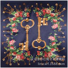 Novo imitação de cetim de seda 90cm grande lenço quadrado estilo retro europeu e americano flor chave senhoras grande marca lenço de seda
