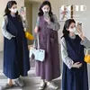 XMF Mamá~ Conjunto de Maternidad Otoño/Invierno Chaleco de Pana de un Solo Botón Cuello Redondo Vestido + Camiseta de Cuello Alto con Lunares Tendencia