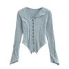Outono e inverno de 2023 Novo estilo de desejo puro gola lapela manga longa camisa básica feminina slim modeladora temperamento T-pin cardigã trançado