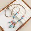 Collar Largo de Cuerda Trenzada con Cuentas de Cerámica Bohemia Coloridas y Estrella de Mar para Mujer, Estilo Étnico Retro