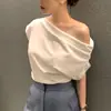 Corea del Sur Top Chic Verano Nuevo Nicho Irregular Hombro Caído Sentido del Diseño Holgado Color Sólido Jersey Camiseta de Manga Corta