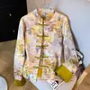 Ropa Otoñal Estilo Chino Nuevo Estampada Súper Popular Traje Tang Mejorado Chaqueta Corta para Mujer Estilo Nacional Literario Botón de Disco Manga Larga Cuello Alto Top para Mujer
