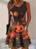 Vestido sin mangas con estampado de rosas y murciélagos de Halloween, estilo tinta oscura, minivestido tipo tank top de corte A holgado con cuello redondo