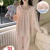 Pijama Estilo Princesa para Mujer, Estilo Primavera y Otoño, con Copas en el Pecho, Ribete de Algodón Nube, Mangas Largas y Pantalones Largos, Conjunto Dulce de Ropa de Casa para Niña