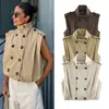 Roupas de comércio exterior femininas 2026 Estilo europeu e americano moderno solto gola alta plissada com lapela dupla sem mangas colete trench coat A16058