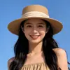 Chapéu de Palha Estilo Francês de Topo Plano para Verão Feminino, Chapéu de Sol de Palha Trançado de Aba Larga, Chapéu de Sol Grande para Circunferência da Cabeça para Férias na Praia