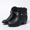 Fivela de Cobre Vintage Botas e Botas de Cano Curto Moda Europeia e Americana com Fivela de Cinto de Couro PU, Zíper Lateral, Fivela de Metal e Salto Alto