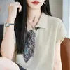 Primavera/Verão 2026 Novo Tricô Malha Tencel Linho Gola Polo Lenço de Seda Manga Curta Cor Sólida Solto Top Camiseta Feminino