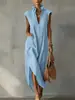 Vestido feminino novo de verão transfronteiriço europeu e americano 2026, algodão-linho sem mangas cor sólida, Amazon solto gola V casual