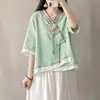 Nova camisa de botão estilo chinês retrô com decote V e abotoamento diagonal, top curto feminino de algodão e linho para o verão, traje Hanfu modificado Zen para chá