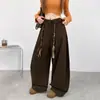 Calça de terno feminina verde militar estilo old money, novo modelo primavera 2026, cintura alta com cordão de amarração, calça larga casual estilo americano