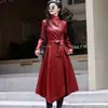 Abrigo de cuero con cordones de doble botonadura de longitud media para mujer Haining, gabardina elegante, nueva chaqueta de piel de oveja para otoño e invierno