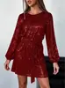 Vestido de Fiesta Nuevo de Primavera Versátil con Lentejuelas y Brillo, Cuello Diagonal y Estampado Dorado en Estilo Europeo y Americano para Mujer