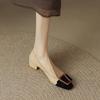 Zapatos Planos de Estilo Tweed con Bloques de Color, Punta Cuadrada, Boca Baja, Tacón Grueso para Mujer, Tacón Medio, Piel de Cabra, Hebilla Cuadrada Retro, Tacones Bajos Pequeños, Estilo Británico