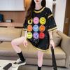 Camiseta de Manga Corta Estampada con Cara Sonriente Retro Americana para Mujer 2025 Verano Nuevo Diseño Holgado Chic Top de Algodón Puro