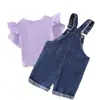 Conjunto de camiseta morada sin mangas para niña de verano con bordado de flor de toalla y shorts de peto de mezclilla, un atuendo de dos piezas para niñas pequeñas