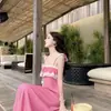 Vestido largo sexy de gasa con encaje y tirantes en rosa y morado, estilo veraniego para vacaciones en la playa, del mismo estilo que Yi Mengling, para mujer
