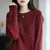 Suéter de lana fina de punto con lentejuelas estilo francés para mujer, nuevo modelo 2025, corte holgado, adelgazante, jersey de manga larga para mujer