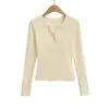 2560-25 Novo Estilo Outono Americano Menina Pura Lustre Decote V Pequeno Forrado com Fleece Quente Manga Longa Camiseta Básica Curta