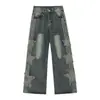 Jeans de Estilo High Street Americano con Parches Estrella para Hombre, Nuevos Populares Rectos Holgados de Pierna Ancha Caídos de Moda Pantalones Largos hasta el Suelo