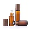 Botella de Vidrio Roll-On de 5 ml, Botella de Vidrio para Aceite Esencial Esmerilada de 10 ml con Tapa de Madera, Botella de Muestra Negra con Soporte de Perlas y Bola de Acero de Vidrio